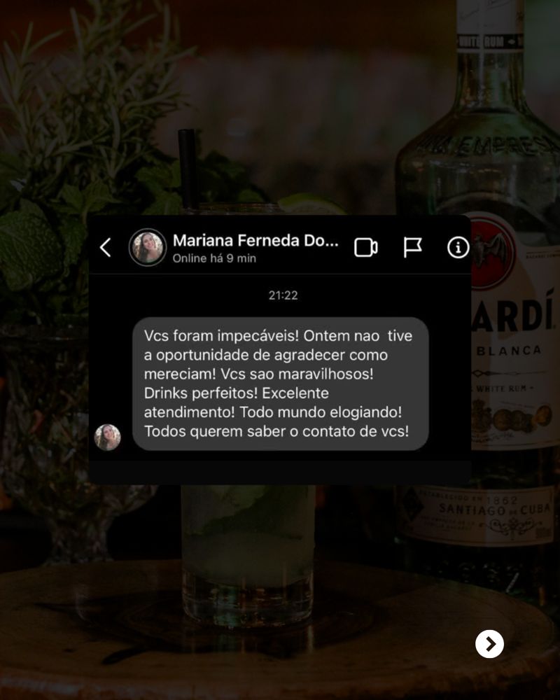 Depoimento de Mariana Ferneda (evento): 'foram impecáveis, drinks perfeitos, todos querem saber o contato de vocês'