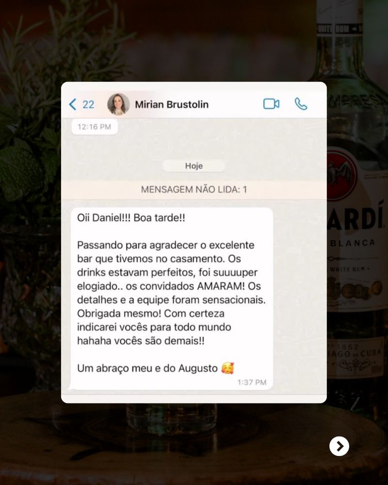 Depoimento de Mirian Brustolin (casamento): 'excelente bar, drinks perfeitos, os convidados amaram, vocês são demais'